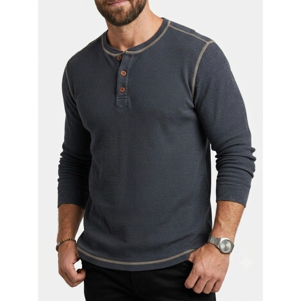 Blue Mountain Slate Blue Waffle Knit Thermal Henley Shirt Size 2XL XXL